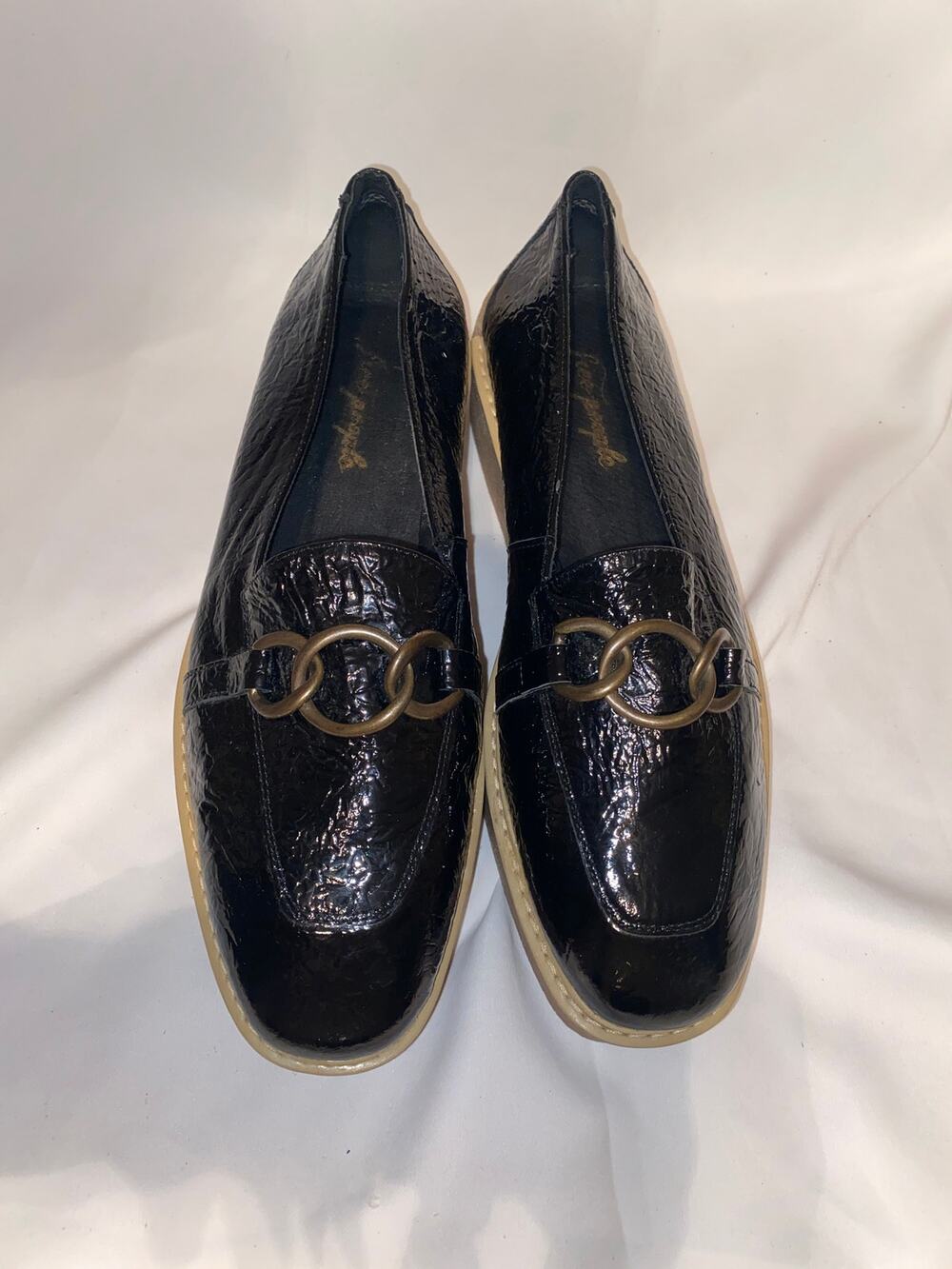 Free People Lyra Link Loafers Black Crinkled Patent Leather Gold Chain 40 (US 9)